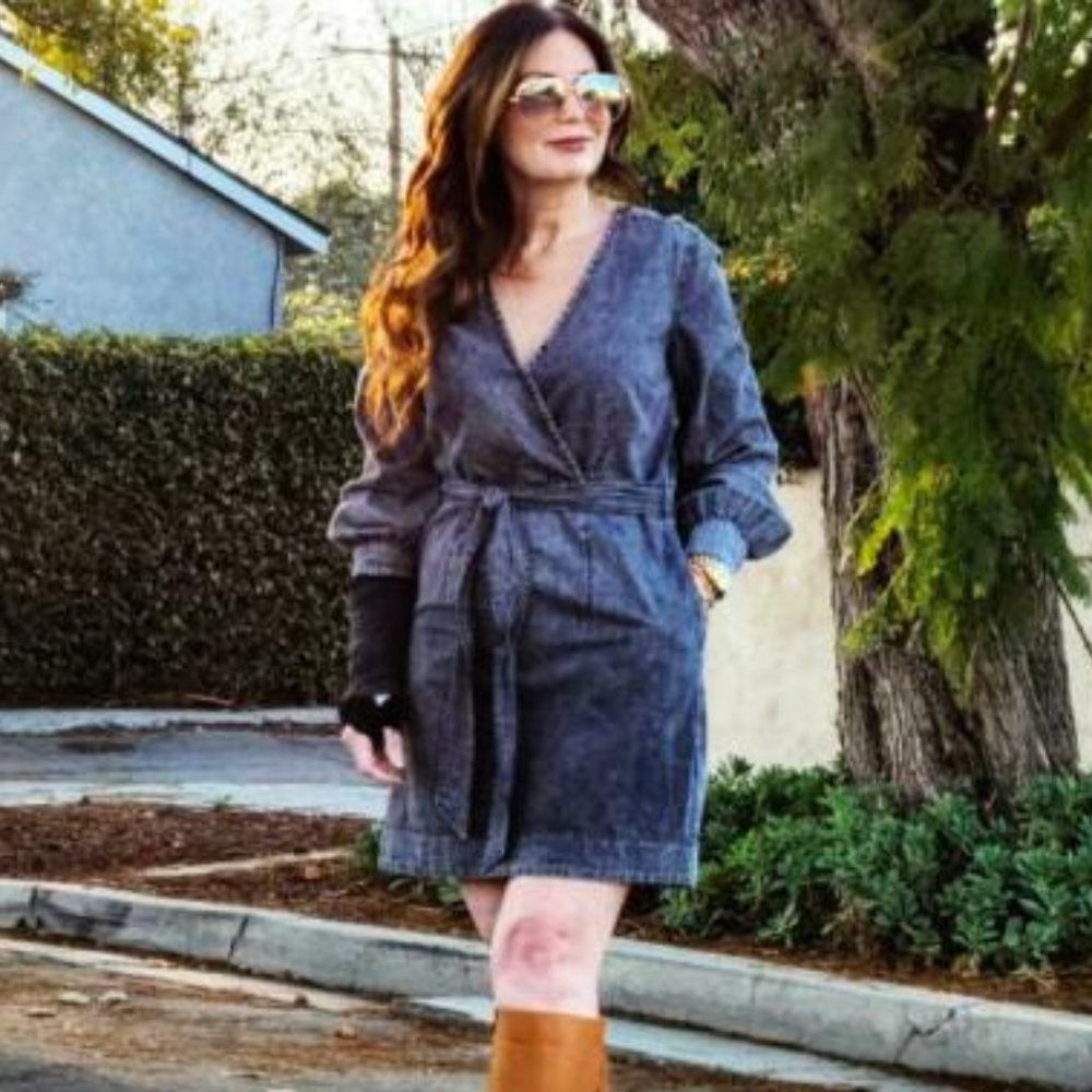 Who What Wear Black Acid Wash Faux Wrap Mini Dress XS - Picture 8 of 8